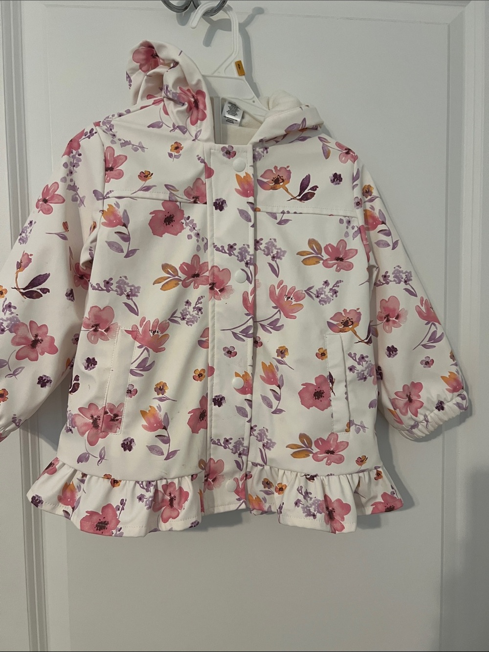 Little Me Girls' Floral Hooded Ruffle Jacket - Cream with Pink & Purple Flowers